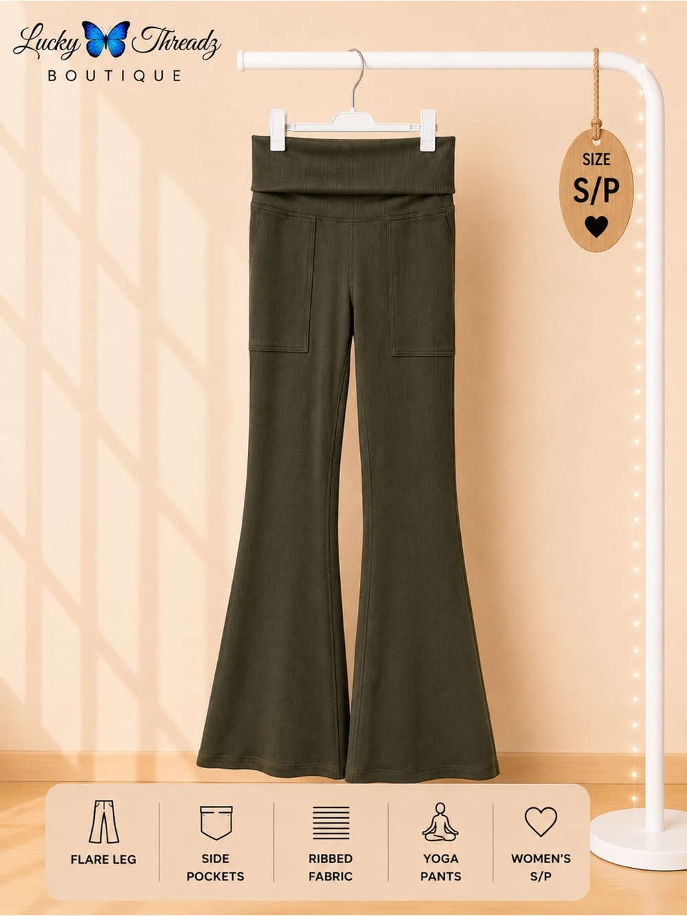 aerie Olive Green Ribbed Flare Yoga Pants - S/P